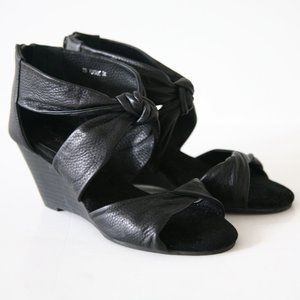 ize 7 (24 Japan) - MASUMI Women's Black Leather Knot Wedge Sandals